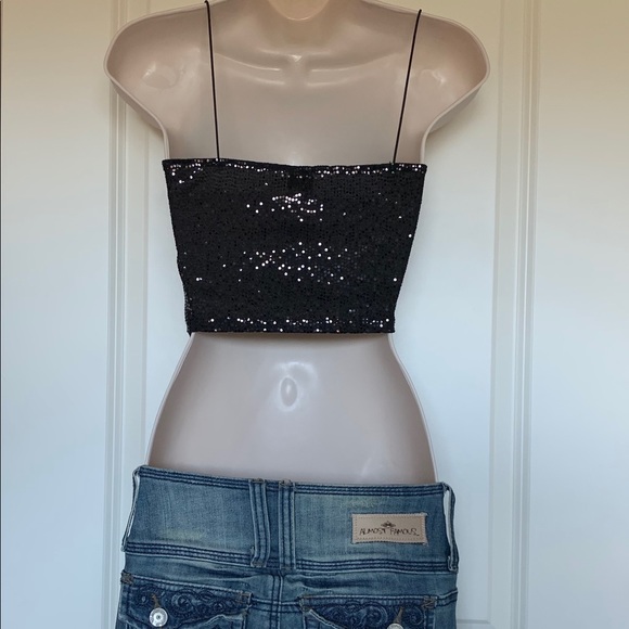 NWT Black Shiny Low Cut Busty Crop Metallic Hologram Festival Tank Top - Picture 10 of 12